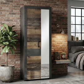Saige Old Wood Hallway Mirrored Wardrobe In Graphite and Grey