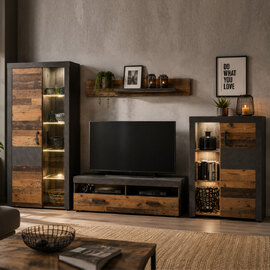 Saige Old Wood Living Room Set In Graphite and Grey with LED