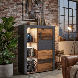 Saige Old Wood Storage Cabinet in Graphite and Grey With LED