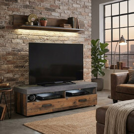 Saige Old Wood TV Stand with Wall Shelf in Graphite Grey and LED
