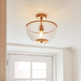 Salem Ribbed Glass Downlighter Flush Ceiling Light In Vintage Brass