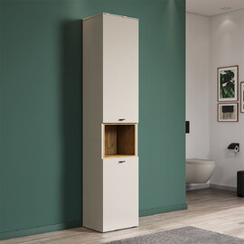 Salem Tall Wooden Bathroom Storage Cabinet in Cashmere and Evoke Oak