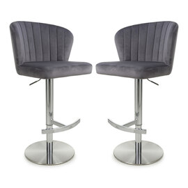 Solvo Grey Velvet Bar Stools With Chrome Base In Pair