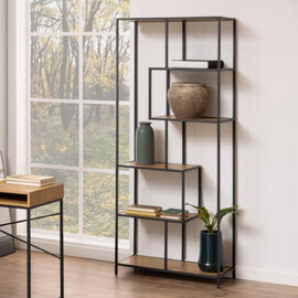 Salvo Narrow Wooden Bookcase With 5 Shelves In Matt Wild Oak