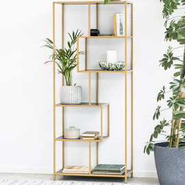 Salvo Wooden Bookcase With 5 Shelves And Gold Frame In Ash Black