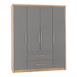 Samaira Wooden Wardrobe With 4 Door And Grey Gloss Front In Oak