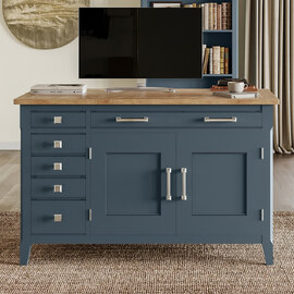 Sanford Wooden Laptop Desk With 3 Doors 5 Drawers In Blue And Oak