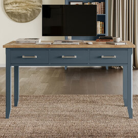Sanford Wooden Laptop Desk With 3 Drawers In Blue And Oak