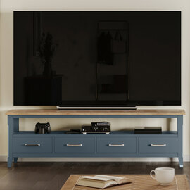 Sanford Wooden TV Stand With 4 Drawers In Blue And Oak