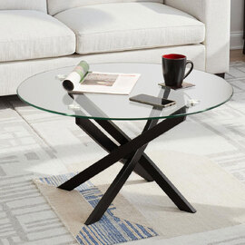 Sanur Clear Glass Top Coffee Table with Black Metal Base