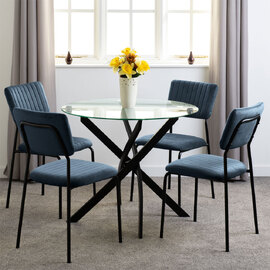 Sanur Clear Glass Top Dining Table with 4 Navy Blue Chairs