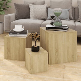 Sarki Wooden Set Of 3 Cube Side Tables In Sonoma Oak