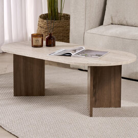 Savelio Oval Wooden Coffee Table in Travertine Marble Effect and Walnut