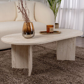 Savelio Oval Wooden Coffee Table in Travertine Marble Effect