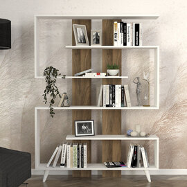 Savero Wooden Bookcase with 5 Shelves in White and Walnut