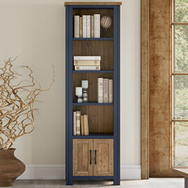 Savona Tall Wooden Bookcase With 2 Doors In Blue And Oak