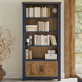 Savona Wide Wooden Bookcase With 2 Doors In Blue And Oak