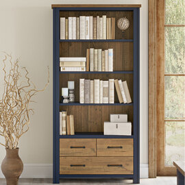 Savona Wooden Bookcase With 3 Drawers In Blue And Oak