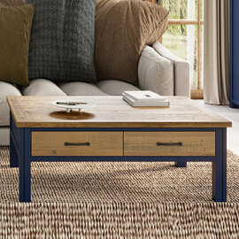 Savona Wooden Coffee Table With 4 Drawers In Blue And Oak