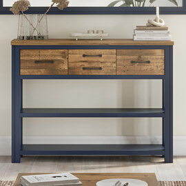 Savona Wooden Console Table With 4 Drawers In Blue And Oak