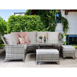 Savvy Glass Top Garden Corner Dining Set With 2 Ottomans In Grey
