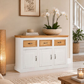 Sazelo Wooden Sideboard with 3 Doors in White and Stained Wax