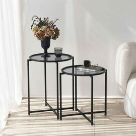 Saziro Metal Nesting Side Table with Glass Top in Black