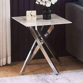 Sceptre Marble Effect Glass Top Side Table with Silver Legs