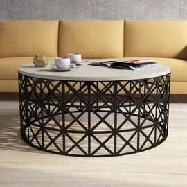 Selin Round Cream Wooden Coffee Table with Black Metal Base