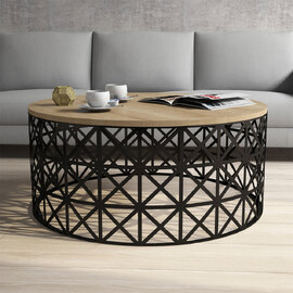 Selin Round Oak Wooden Coffee Table with Black Metal Base