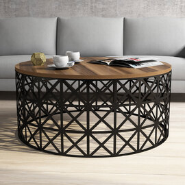 Selin Round Walnut Wooden Coffee Table with Black Metal Base