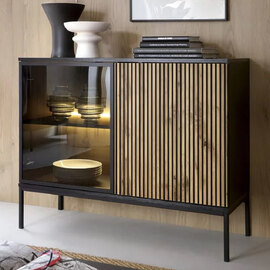 Selma Wooden Display Cabinet With 2 Doors In Black And Wotan Oak