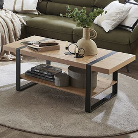 Senatobia Wooden Coffee Table With Black Frame In Oak