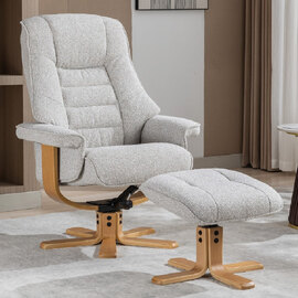 Seneca Fabric Recliner Chair With Stool In Greige And Oak