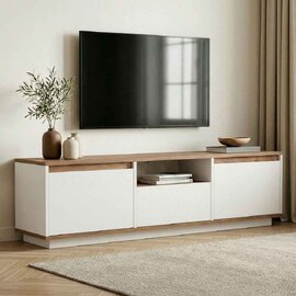Sentinel Wooden TV Stand with 3 Doors in White and Atlantic Pine