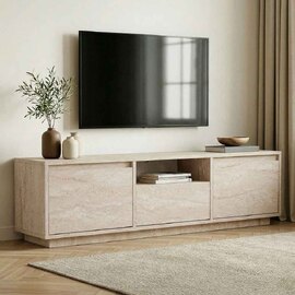 Sentinel Wooden TV Stand with 3 Doors in Travertine Marble Effect