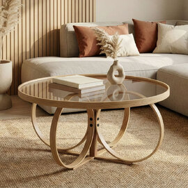 Shimane Round Tempered Glass Top Coffee Table in Oak