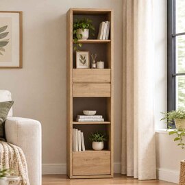 Sholka Wooden Narrow Bookcase With 3 Drawers In Oak