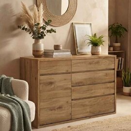 Sholka Wooden Sideboard With 1 Door And 6 Drawers In Oak