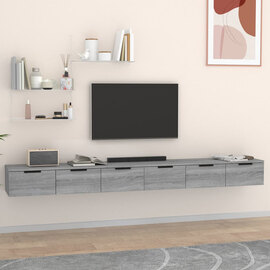 Sierra Wall Hung Wooden TV Stand With 6 Drawers In Grey Oak