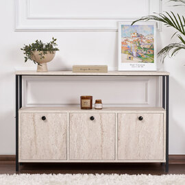 Solero Wooden Console Table with Metal Frame in Travertine Marble Effect and Black