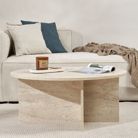 Soleva Round Wooden Coffee Table in Travertine Marble Effect