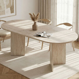 Soreno Oval Wooden Extending Dining Table in Travertine Marble Effect