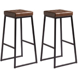 Steeple Brown Faux Leather Stools With Black Metal Frame In Pair