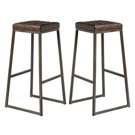 Steeple Raw Metal Frame Brown Faux Leather Bar Stools In Pair