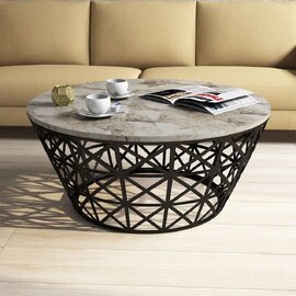 Stil Round White Marble Effect Coffee Table with Black Metal Base