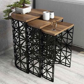 Stil Walnut Wooden Nesting Side Tables with Black Metal Base