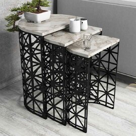 Stil White Marble Effect Nesting Side Tables with Black Metal Base