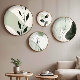 Stillform Wooden Rounds Emerald Leaf Art of Frame Set of 4 in Multicolour