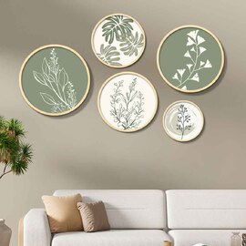 Stillform Wooden Rounds Verdant Botanical Art of Frame Set of 5 in Multicolour